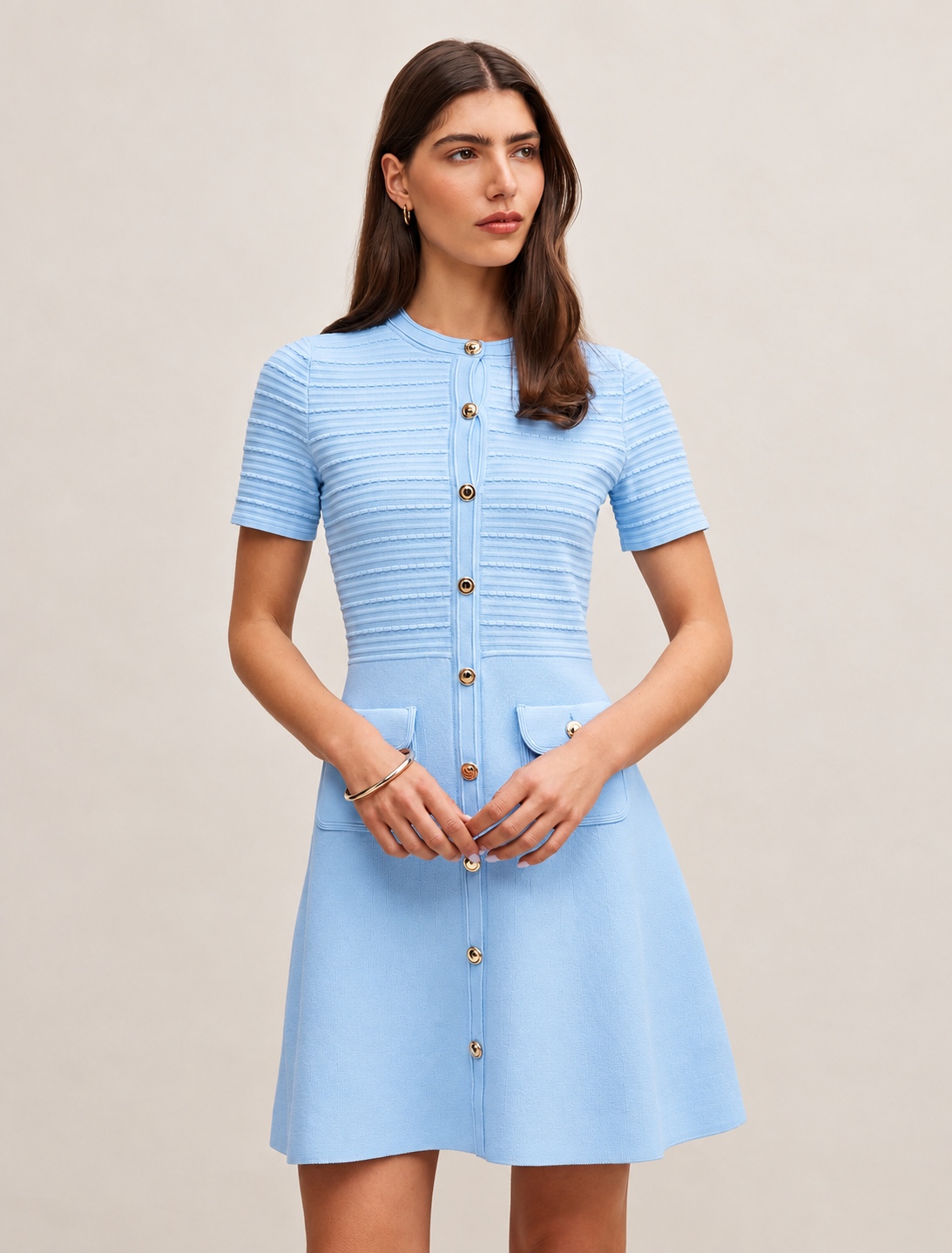 Anika Stitch Interest Knit Mini Dress Soft Blue