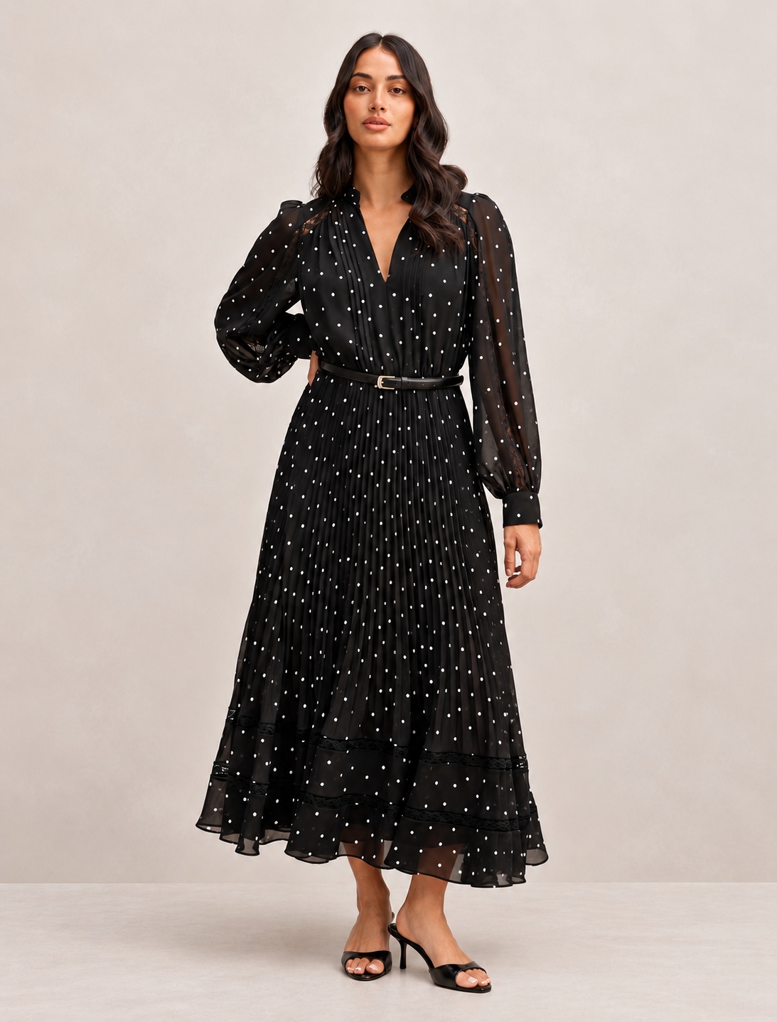 Clara Pleated Lace Trim Midi Dress Dark Risley Spot