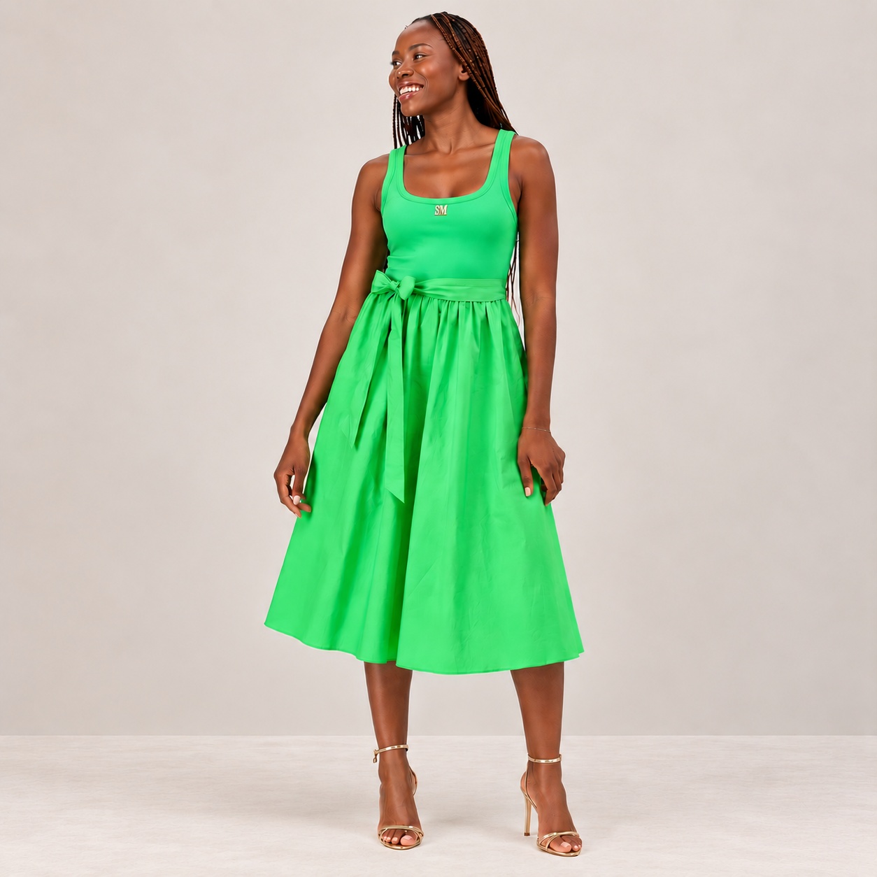 Elaine Belted Fit-and-Flare Midi Dress Apple Green