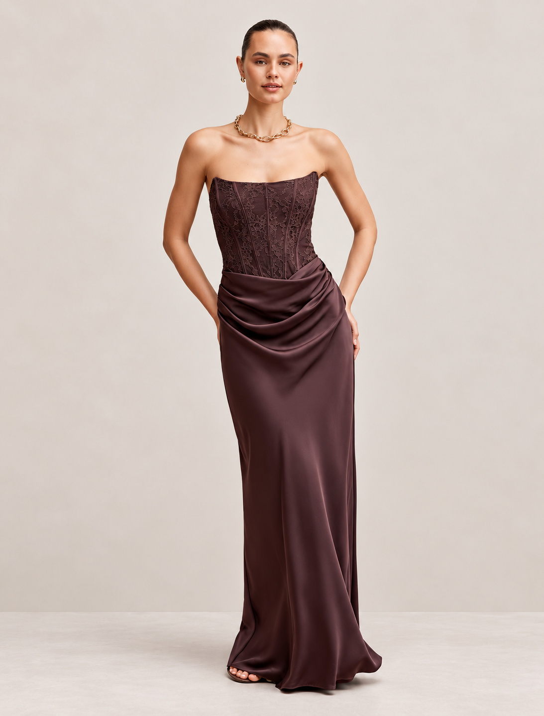 Ivy Lace Corset Drape Maxi Dress Dark Chocolate